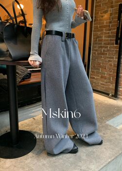 New Autumn and Winter Simple Wool Trousers, Versatile and Fashionable Casual Pants with Side Slit Design, Mskin6 High-Waisted Wide-Leg