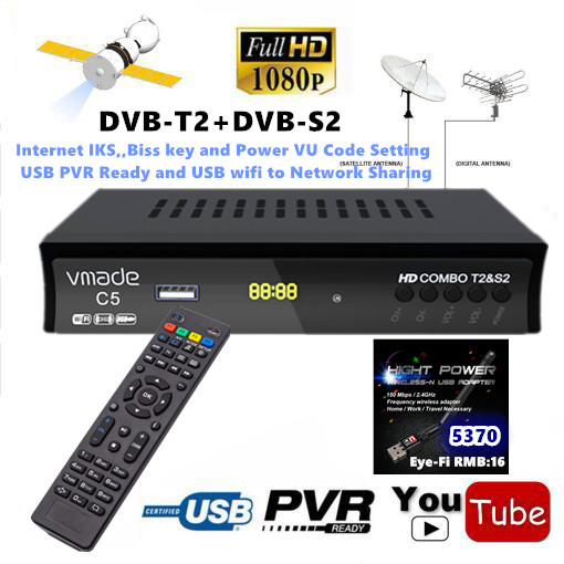 Sau wan Chinese DVB-T2 DVB-S2 COMBO C5 MPEG4 AC3 WIFI sharing HD on-board box