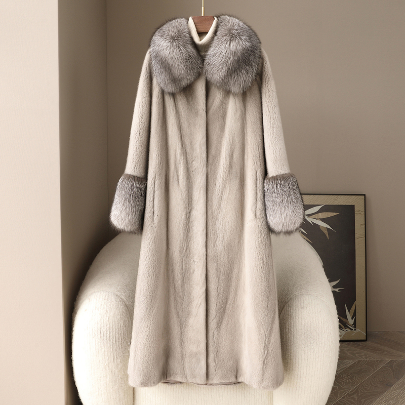 Imported Whole Mink Fur Coat for Women with Fox Fur Collar, Long Style, Luxurious Ladylike Style for Autumn and Winter