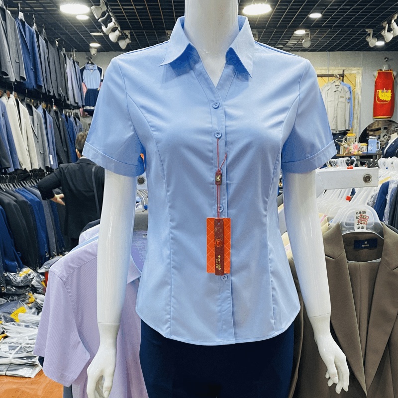 Bilidomei C165 Blue Women's V-Neck Short-Sleeved Shirt Bamboo Fiber Anti-Wrinkle Interview Work Uniform Professional Attire