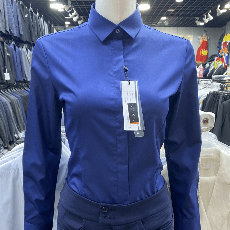 Royal Blue Navy Blue Shirt for Women, Long-Sleeved, Bamboo Fiber, Slim Fit, Wrinkle-Resistant, Hidden Buttons, Stretchy, Work Commute Shirt, Professional Workwear