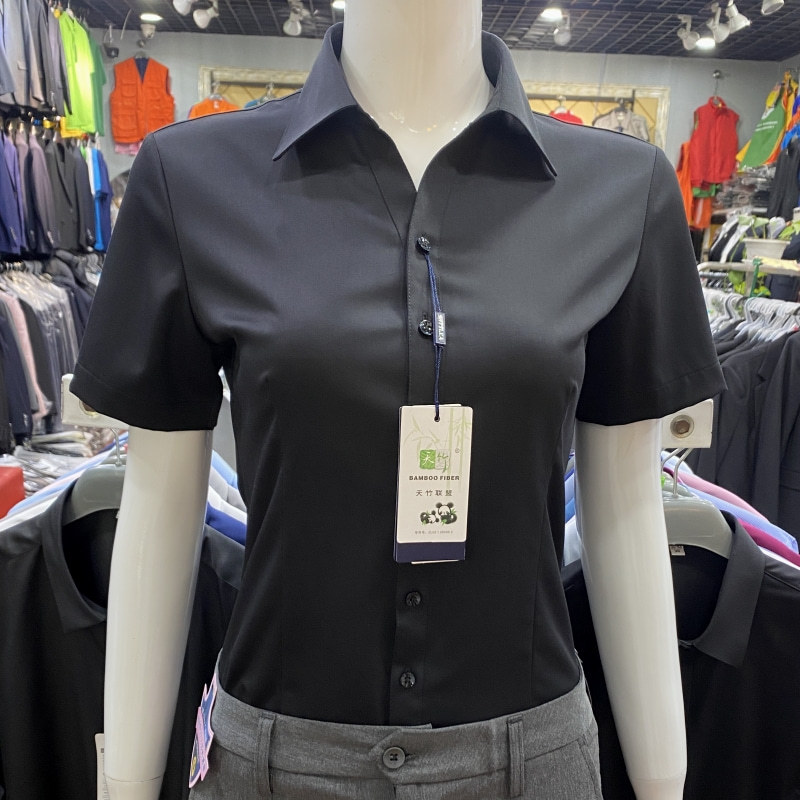 V-Neck Black Short-Sleeve Shirt for Women, Professional Style with Hidden Buttons, Summer Thin and Wrinkle-Free Bamboo Fiber Workwear for Office, Ktv, Hotel, and Other Workplaces