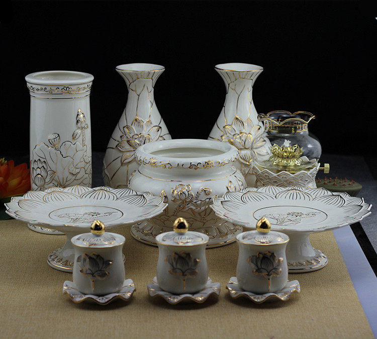 Buddha with Buddha incense burner set vase holy water cup fruit plate incense burner value for Buddha with vase - Taobao