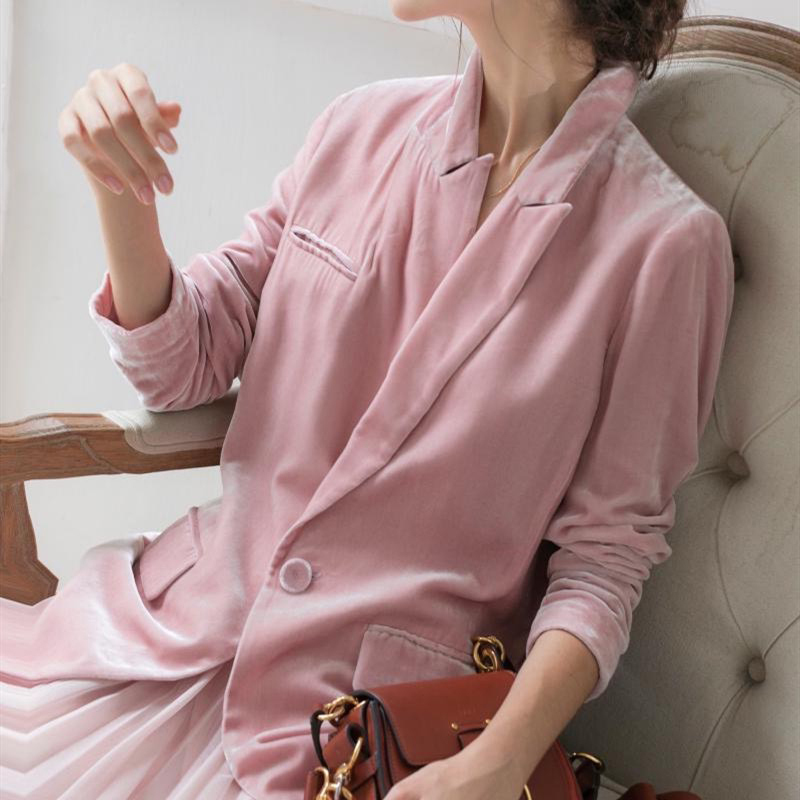 Pink Velvet Blazer for Women, Korean Style, Autumn Ol, Loose Straight Fit, Waist-Cinching, Lapel, Single Button, Velvet Jacket for Commuting