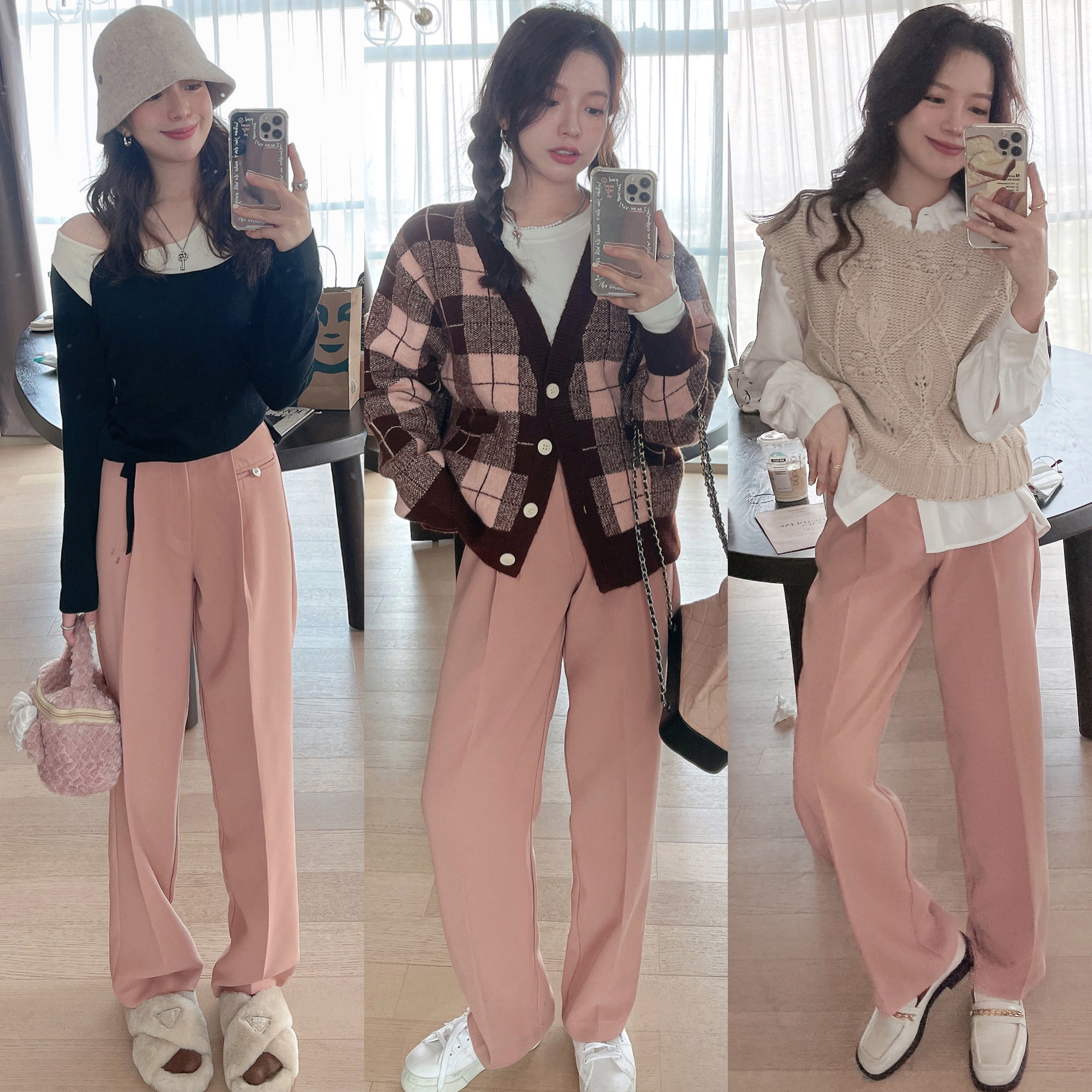 TMH homemade powder Fog Sea casual suit pants Women's Small big leg pants high waist thin straight trousers spring and autumn