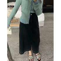 TMH STUDIO falls into the Stars Black open fork Denim Skirt Woman Summer slim high waist with long and half body dress