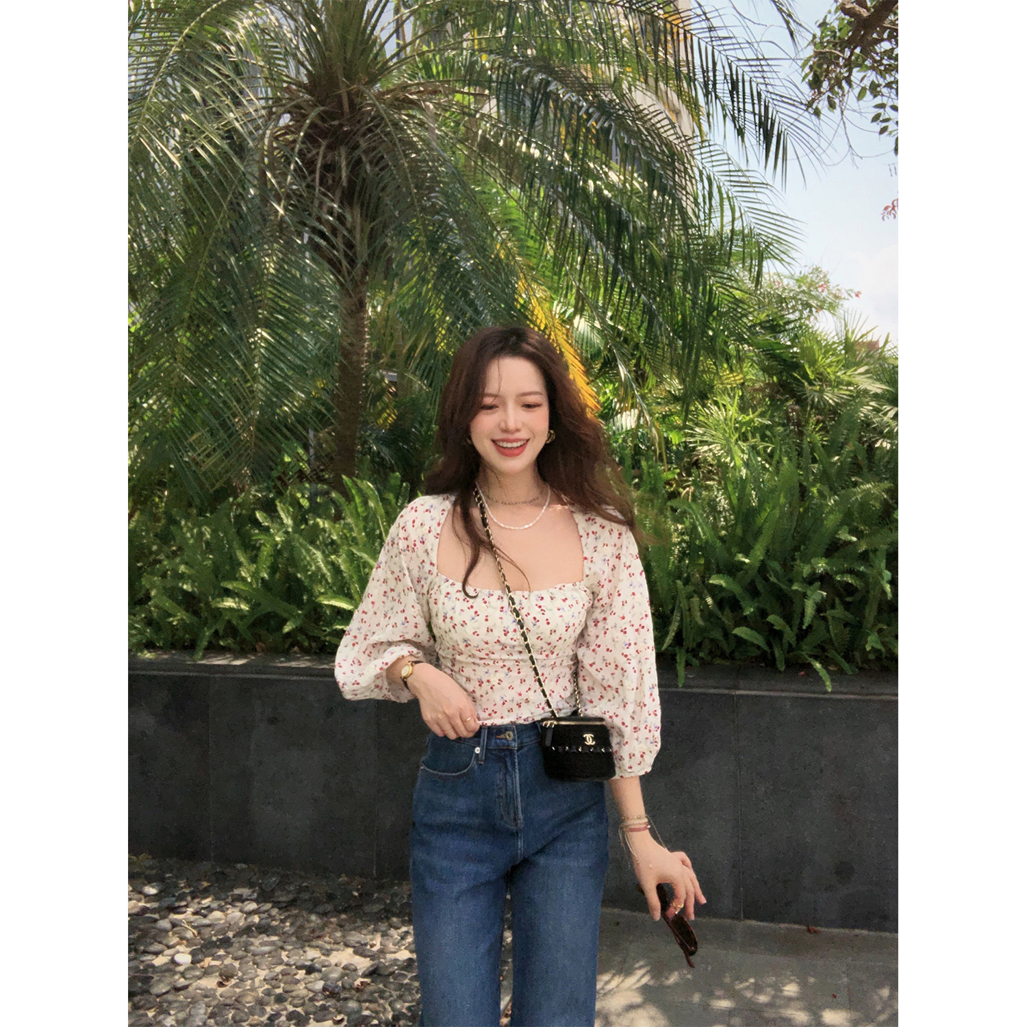 TMH STUDIO French floral puff sleeve short top summer one word collar sweet design sense of small shirt women