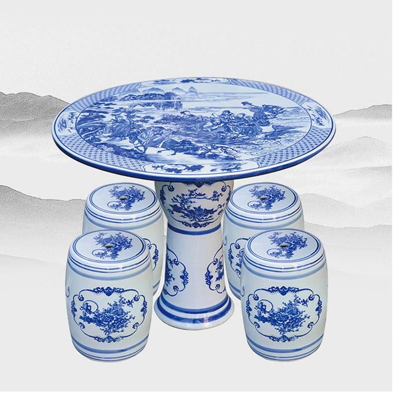 Jingdezhen Ceramic Ceramics Table Suit Porcelain Table cool stool Cool Squat Stool Green Flower Porcelain Octaxian Oversea Balcony Patio