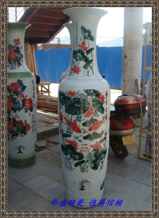 Jingdezhen ceramic floor-to-ceiling large vase full hand-painted year after year there are more than fish 1 8 2 2 2 meters living room company decoration