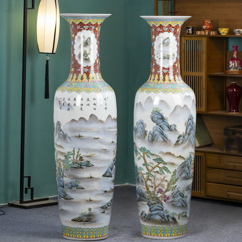 Jingdezhen ceramic floor large vase hand painted pink with ancient landscape porcelain Bottle living room Swaying Pieces Home Villa