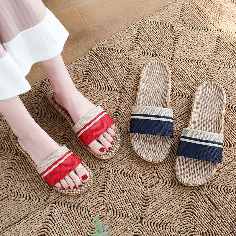 Linen slippers ladies men's couples summer home indoor home deodorant non-slip wear-resistant pair of soft bottom four seasons