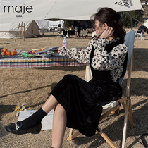 Maje kara black floral velvet dress women's autumn 2021 new stitching waist slim dress