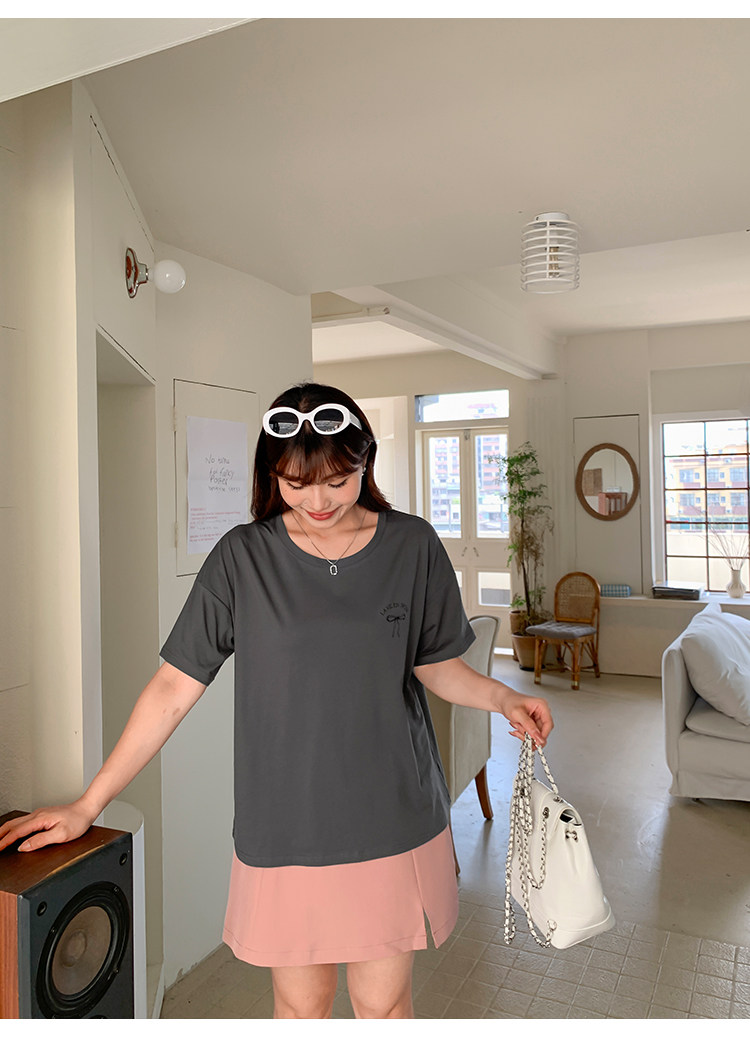 Плюс размер бюста платье 宽松的高腰a字开衩春夏大码女装，遮盖肌肤，显瘦look纯色套装裙32047。