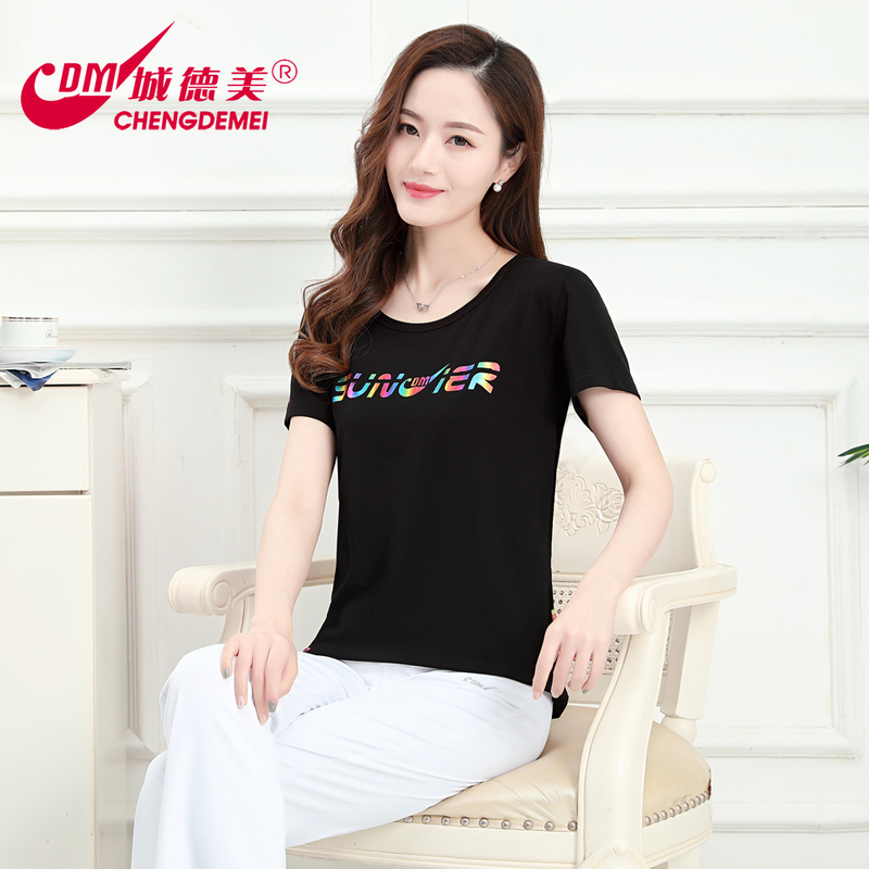 Chengdemai 2026 Summer New Product 483 Women's Stretch Cotton Round Neck Colorful Printed Sports Casual T-Shirt