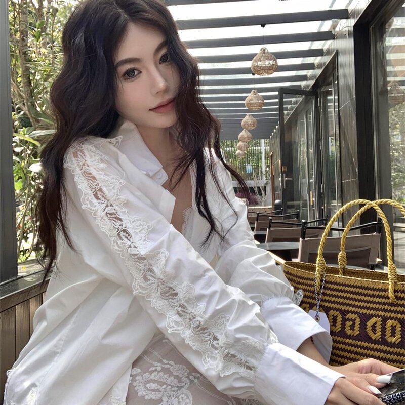 White Hollow-Out Lace Patchwork Long-Sleeved Shirt, Loose Mid-Length Layered Sun Protection Shirt