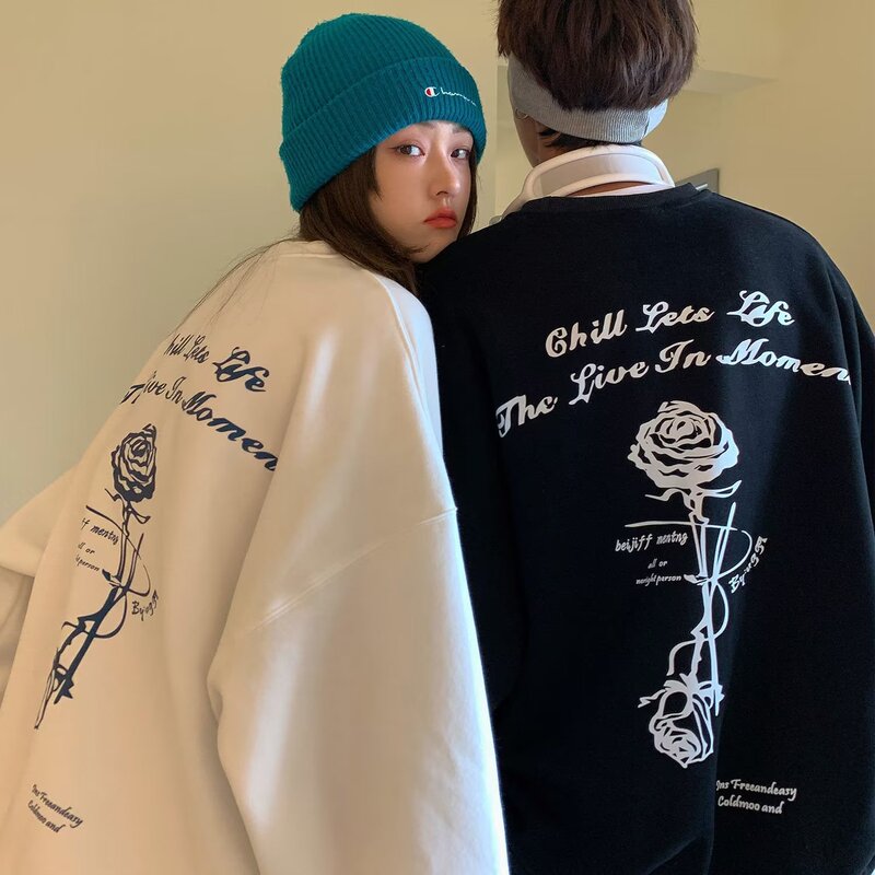 Trendy Floral Fleece-Lined Waterproof Ski Jacket for Men and Women, Loose Round-Neck Sweatshirt, Couple Street Casual Oversized Thick Coat