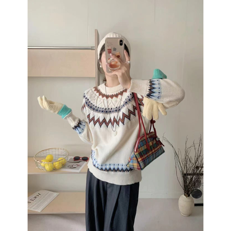 Nordic Fair Isle Sweater for Women, New Autumn and Winter Style, Round Neck Knit Pullover, Loose Long-Sleeve Casual Lazy Style Top
