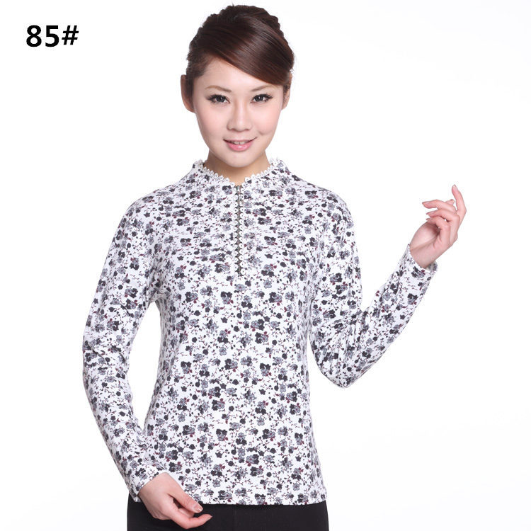 Mùa xuân và mùa thu của phụ nữ trung niên dây kéo đứng cổ áo sơ mi chạm đáy áo của mẹ trung niên dệt kim áo thun dài tay mùa thu áo kiểu người lớn tuổi
