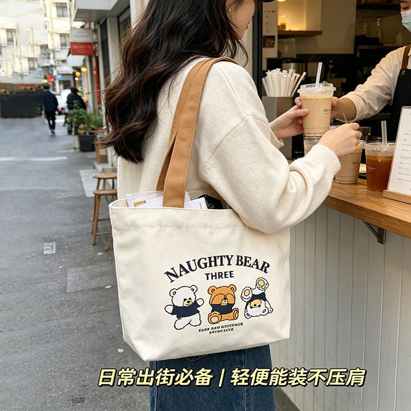Little Bear Canvas Bag for Female Students, Portable Work Canvas Tote Bag, Handheld Lunch Canvas Bag, Printed Student Bag