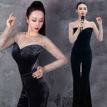 Flash drill elastic net long sleeve velvet body training suit performance model catwalk show host broadcast dance set 350