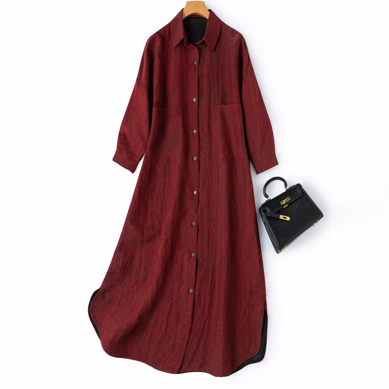 Rare High-Quality Item, "Fresh Red Turtle Shell Patterned Long Silk Crackle Patterned Xiangyun Silk Square Neck Drop Shoulder Sleeve Loose Shirt Dress