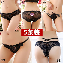 5 Dress Sexy Briefs HOT LADY LACE PURE COTTON CROTCH TRANSPARENT SEDUCTIVE BLACK HOLLOWED-OUT LOW WAIST TRIANGLE PANTS HEAD