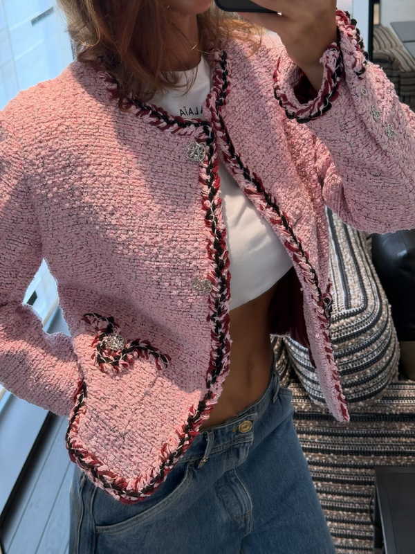 Zhou Buyer Store｜26B New Style Pink Round Neck Long Sleeve Single-Breasted Piping Tweed Jacket Coat Top