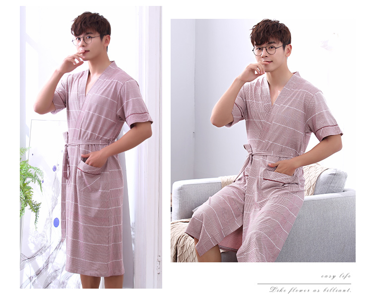 Áo ngủ nam cotton đồ ngủ mùa hè Nhật Bản kimono áo choàng tắm mùa hè bông áo choàng tắm thanh niên ngắn tay áo phần mỏng