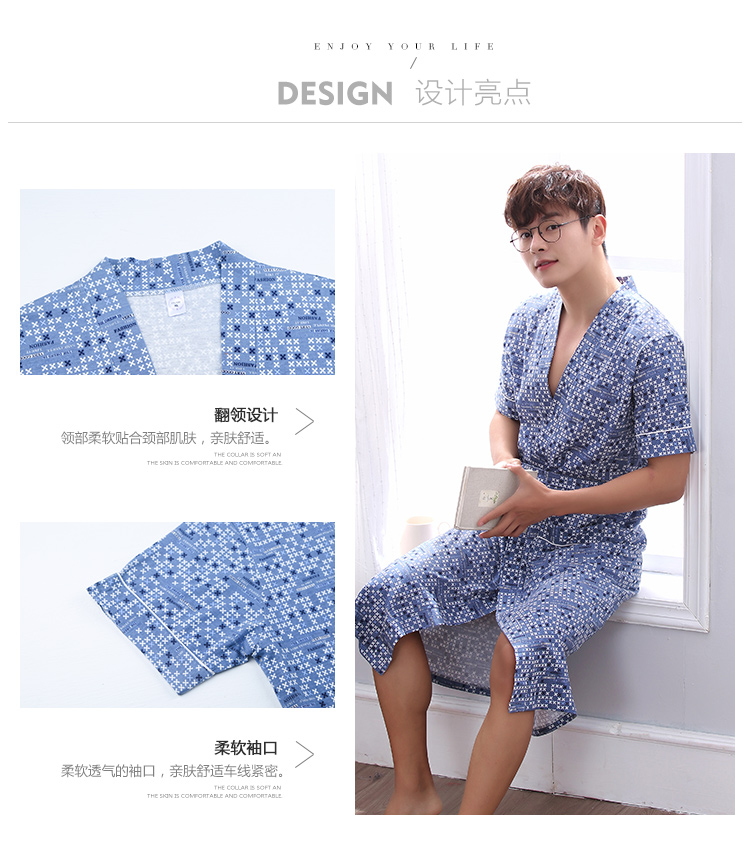 Áo ngủ nam cotton đồ ngủ mùa hè Nhật Bản kimono áo choàng tắm mùa hè bông áo choàng tắm thanh niên ngắn tay áo phần mỏng