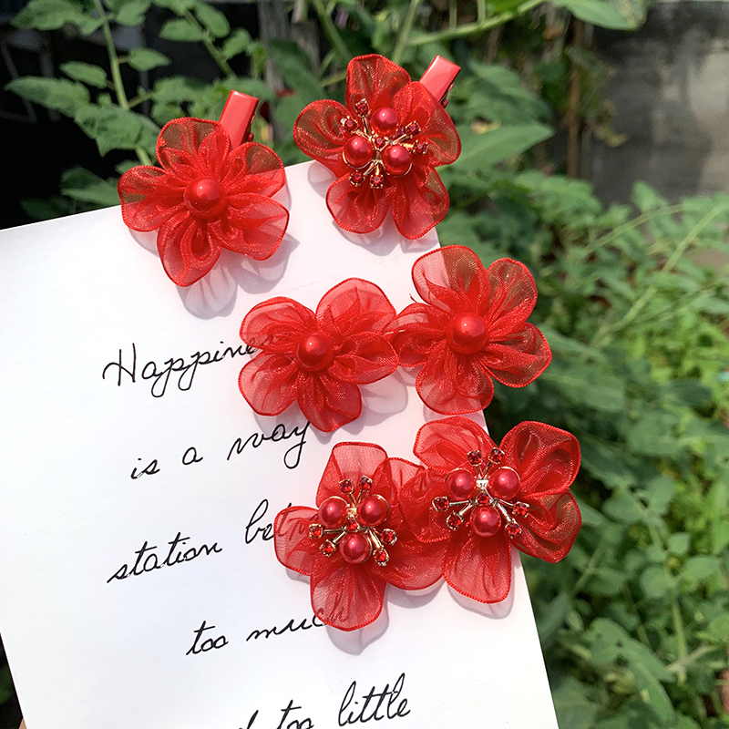 Southern Fujian Traditional Hairpin with Red Flowers, Red Silk Clip, Wedding Hair Accessory, Bridal Crystal Hair Flower