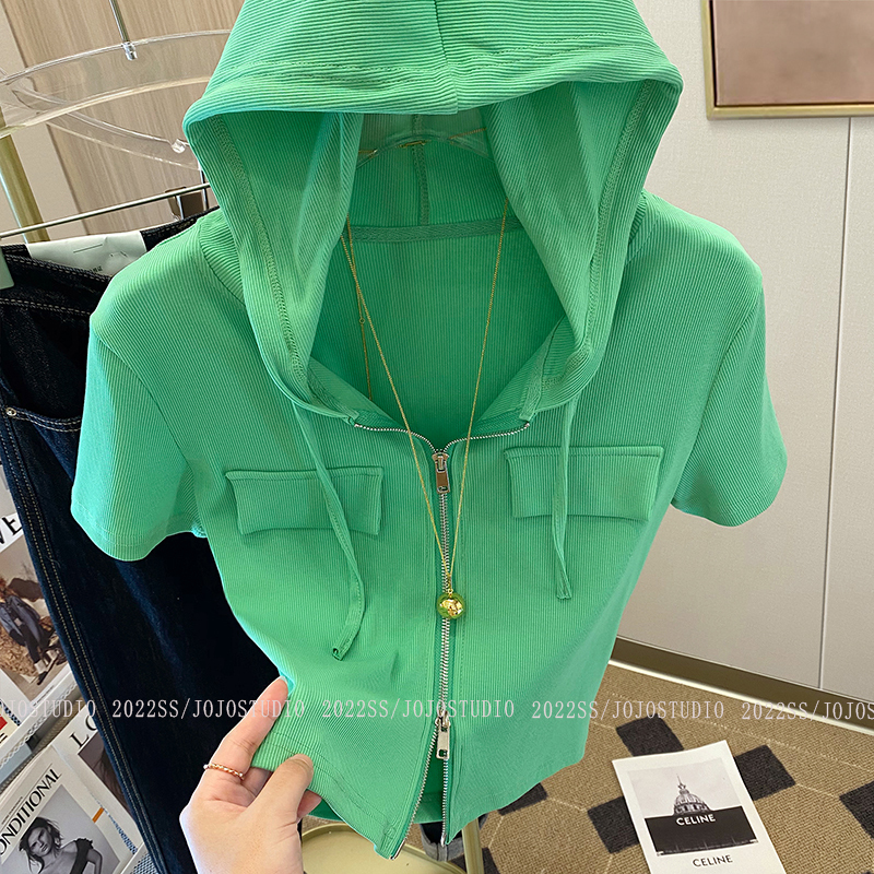 Green Hoodie Short-Sleeved T-Shirt Cardigan for Women, Spring 2026 New Design, Stylish, Unique and Short Top