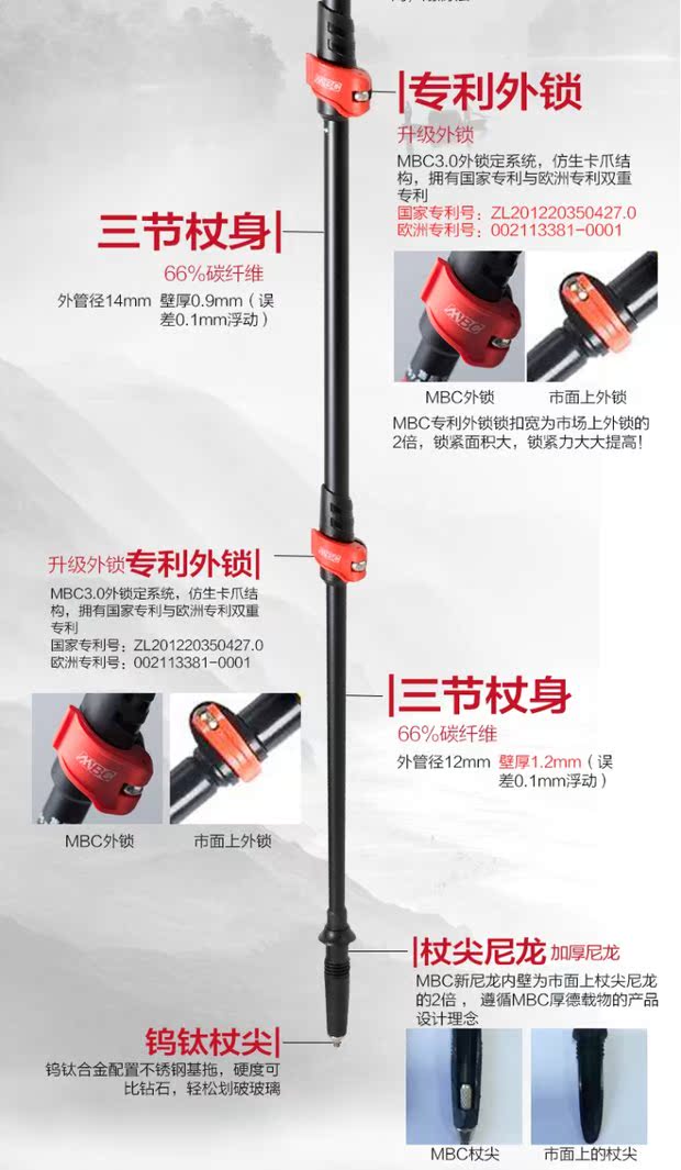 MBC trekking cực carbon siêu nhẹ gấp khúc mía ngoài trời cắm trại du lịch đi bộ đường dài khóa ảnh dính M150Q gậy dò đường cho người mù	