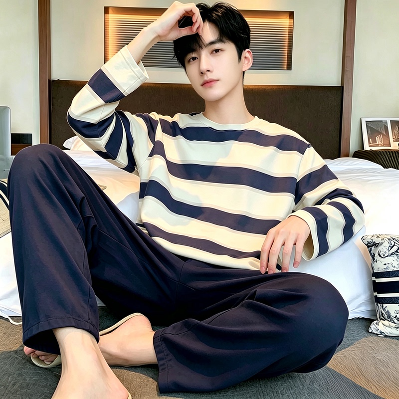 New Men's Pajamas 100% Pure Cotton Spring and Autumn Long-Sleeved Loose Large Size Men's Pajamas Autumn Cotton Home Wear Set New Men's Pajamas 100% Pure Cotton Spring and Autumn Long-Sleeved Loose Large Size Men's Pajamas Autumn Cotton Home Wear Set