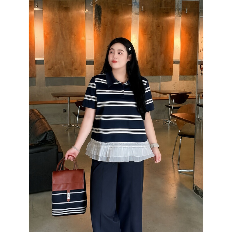 Plus Size Women's Summer Polo Collar Lace Patchwork Short-Sleeve 2026 Casual Sweet Fashion Top 4418F