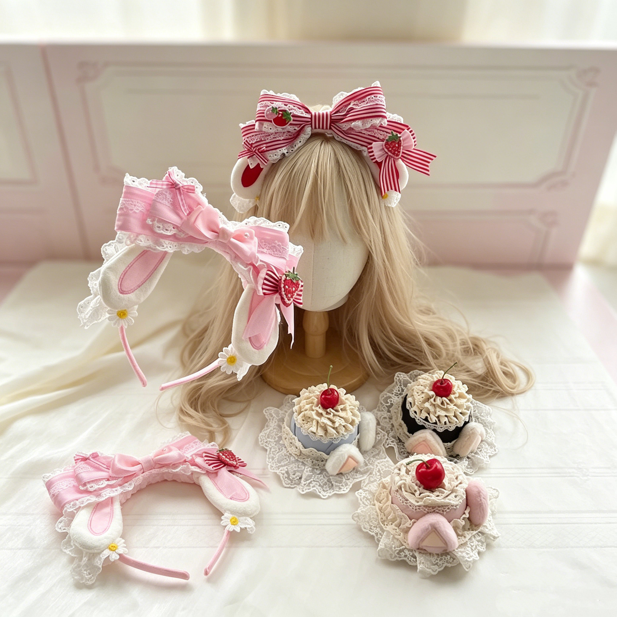 Striped layered strawberry headband, hair clip, Lolita handmade cake hat, Lolita headband, piled snow cherries
