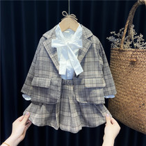 Girls childrens suit suit autumn two-piece plaid three-piece suit 1 year old 234 female baby Korean version of the foreign style pleated skirt