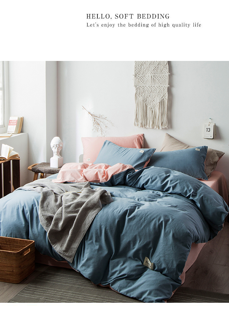 in bông rửa denim bông pha trộn màu và phù hợp với các doanh nghiệp gió mạng Bắc Âu giường công chúa đỏ dưới đoạn bốn bộ khăn trải giường - Bộ đồ giường bốn mảnh chăn ga gối everon