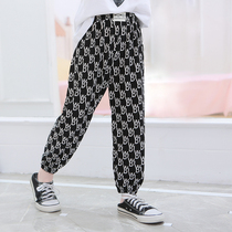 Girl letter 9-point ice wire mosquito pants suit ultra-thin children cool shaking pants summer black and white letter trousers