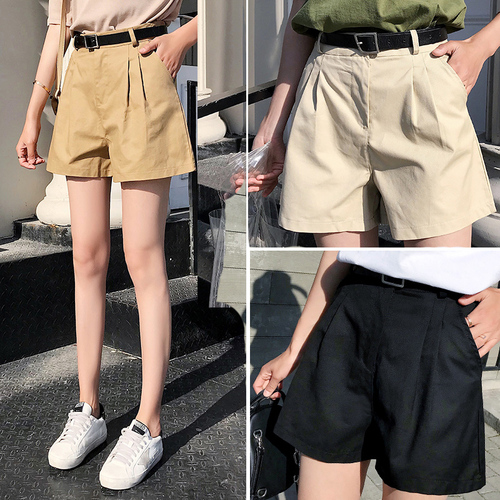 Real-time purely coloured, simple, wide-legged pants with high waist and slim casual pants, shorts and tidal belt