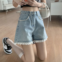 Summer thin lace lace lace denim shorts for women's 2024 new design sense niche small stature wide leg hot pants