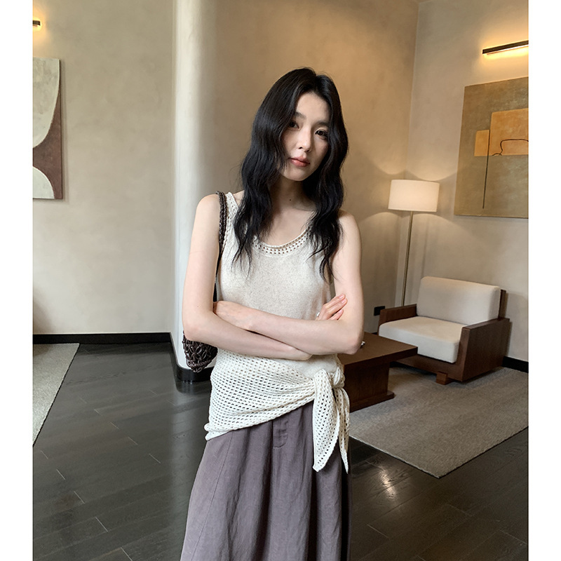 Mmc Linen Two-Piece Knitted Vest 2026 Summer New Style Shawl Waist Tie Versatile Matchinging Top 61m62228