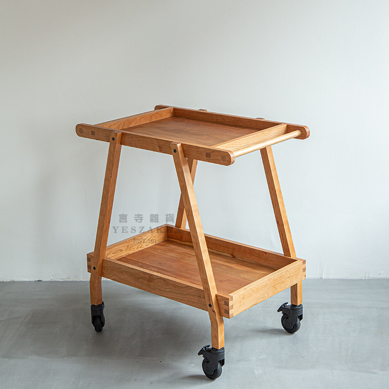 Temple Grocery - Nordic Cherry Wood Double - Layer Solid Wood Mobile Tea Tank Tank Holding Car Frame