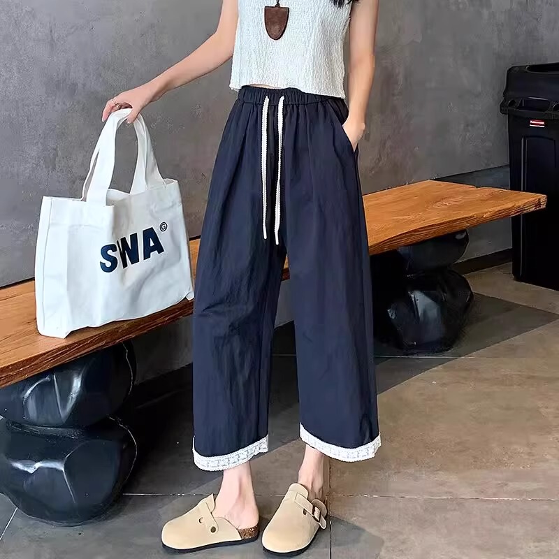 Plus Size Navy Blue Quick-Drying Yamamoto Pants for Women Summer Thin Lace Pants Straight Nine-Point Pants Ice Silk Wide-Leg Pants
