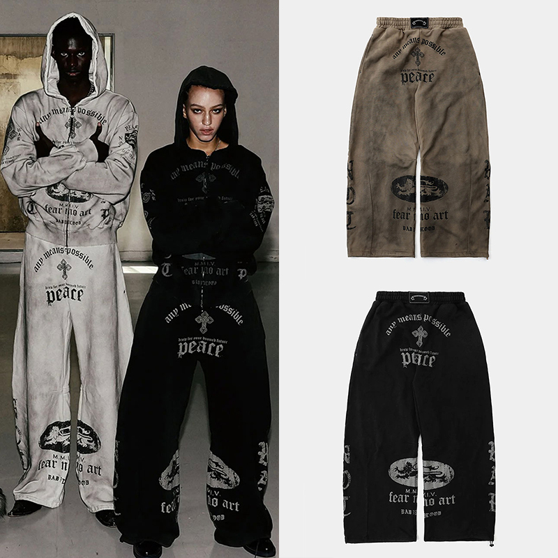 Badblood American Retro Casual Pants for Women, Loose Fit, Washed and Distressed, Sweatpants, Straight-Leg Wide-Leg Long Pants Badblood American Retro Casual Pants for Women, Loose Fit, Washed and Distressed, Sweatpants, Straight-Leg Wide-Leg Long Pants