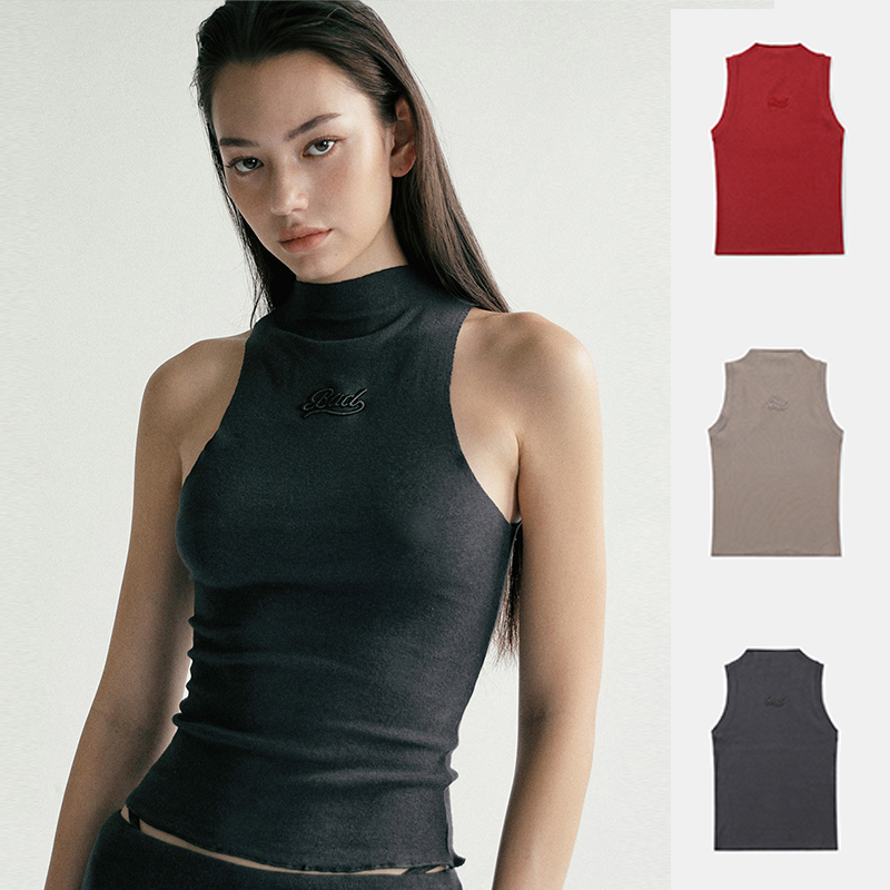 Korean Badblood Spicy Girl Half-High Collar Design Tank Top with a Unique Embroidered Off-Shoulder Top for Women, Trendy and Niche