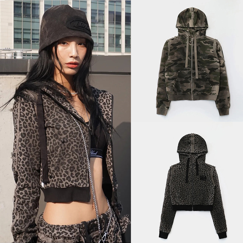 Korean Badblood American Retro Distressed Leopard Print Sweatshirt for Women Niche Sports Casual Hoodie Jacket