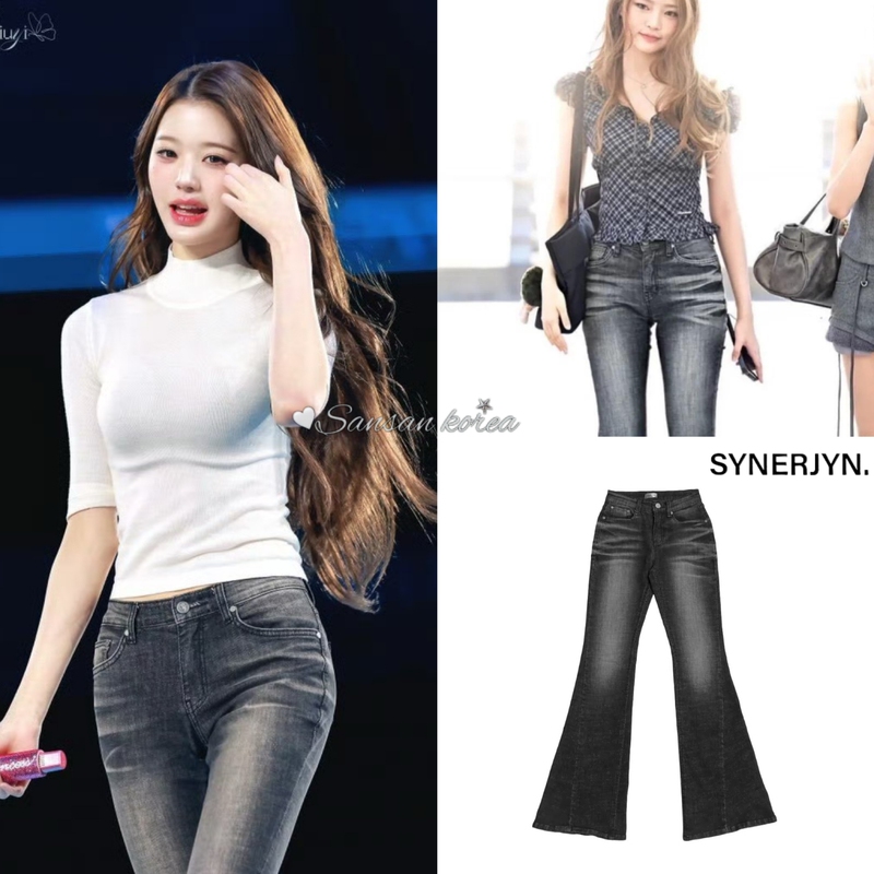 Jang Won-Young Kiiikiii Huam Same Style Sansan Korean Synerjyn Dark Gray Flared Jeans Jang Won-Young Kiiikiii Huam Same Style Sansan Korean Synerjyn Dark Gray Flared Jeans
