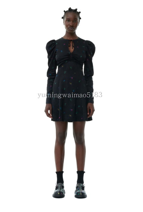 Refuse Returns Danish g Brand Floral Satin Mini Long-Sleeve Dress European and American Original Surplus Stock Yuming Foreign Trade