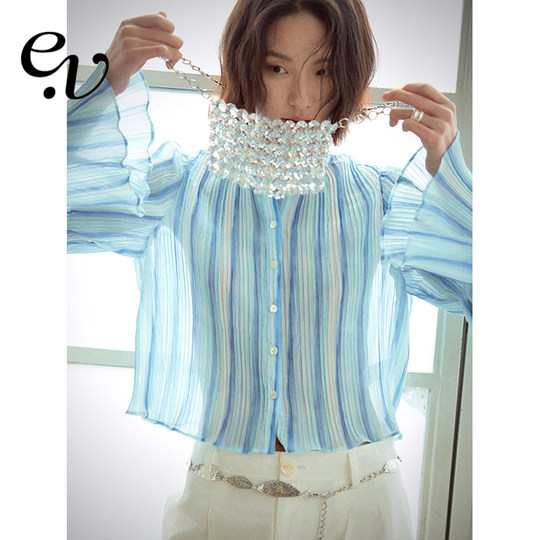 Even Vintage| Compression pleated process vertical strip texture spring and summer fashionable sun protection versatile long-sleeved chiffon top