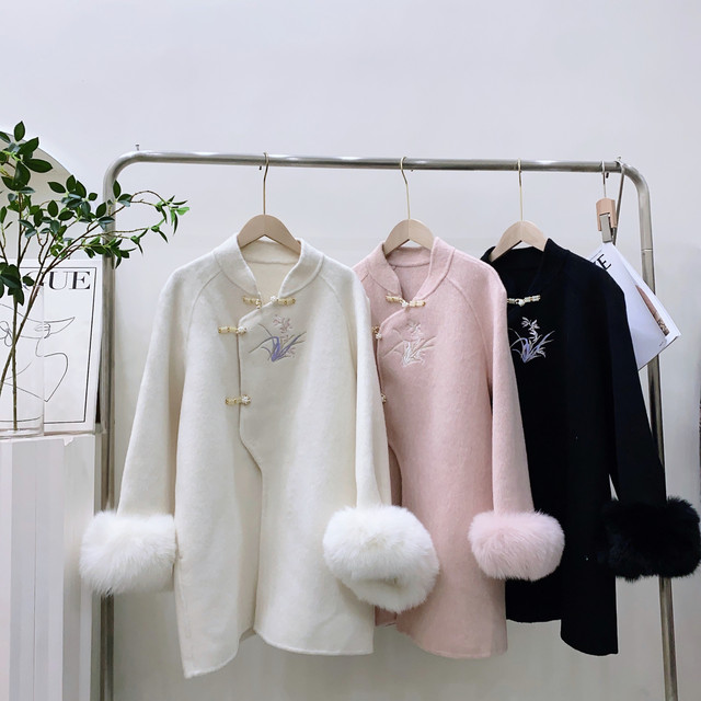New Chinese embroidered double-sided cashmere coat 2024 autumn and winter mid-length fox fur classic temperament woolen coat